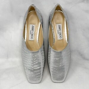 NEW Jimmy Choo Joselyn Croc Metallic Leather Square Toe Loafer Flat Shoes Silver